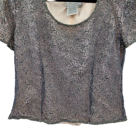 Vintage Adrianna Papell Formal Silk Beaded Short Sleeve Blouse 10P Gray Overlay - Picture 7 of 11